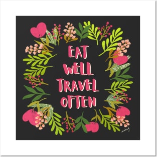 Eat Well Travel Often Charcoal & Hot Pink | Floral Wreath | Quote Posters and Art